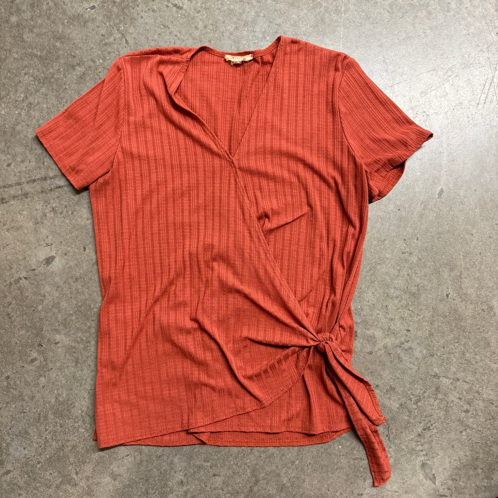Cedar &‎ Gold Womens Rust Orange Ribbed Side Tie Wrap Top Short Sleeve V-Neck